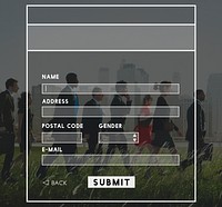 Business people walking on a field with website submit form