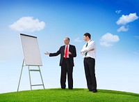 Business Man Pointing Empty Whiteboard Outdoors