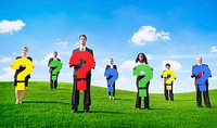 Angry Business People Outdoors Holding Question Marks