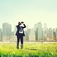 Business Man Searching Binoculars Outdoors Concept