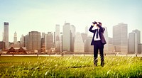 Business Man Searching Binoculars Outdoors Concept
