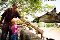Young caucasian girl feeding the giraffe at the zoo