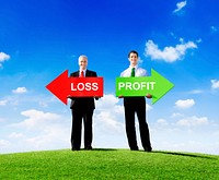 Two Businessmen Holding Contrasting Arrows for Loss and Profit