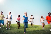 Group Casual People Running Outdoors Concept
