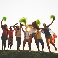 Group Casual People Cheering Outdoors Concept