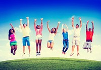 Group Friends Outdoors Celebration Winning Victory Jump Concept