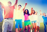 Group Friends Outdoors Celebration Winning Victory Fun Concept