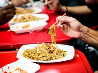 Closeup of hand with chopsticks and Pad Thai food