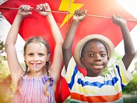 Children Friendship Togetherness Flying Kite Playful Concept