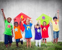 Children Friends Kite Colourful Kids Smiling Concept