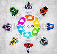 People in a Circle Using Computer with Cloud Concept