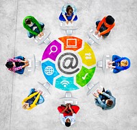 People in a Circle Using Computer with Email Concept