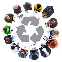 Diverse People Using Digital Devices with Recycling Symbol