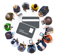 Group of People Using Digital Devices with Credit Card Symbol