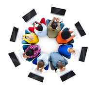 Aerial view of diverse people using computer