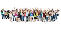 Group of diverse people with arms raised isolated on white