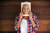 African Woman Digital Tablet Face Covered Smiling Technology Concept