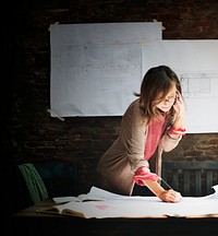 Architecture Woman Working Blue Print Workspace Concept