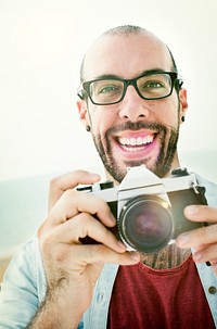 Handsome Photographer Man Beach Vacation Lifestyle Concept