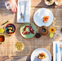 Aerial view of appetizer meal festive party