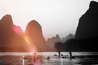 Silhouette of Fishermen in China Landscape Concept