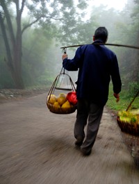 Long exposure/panning of a Chinese man on his way to market.