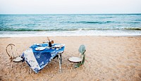 Table Chairs Meal Sea Shore Holiday Sky Concept
