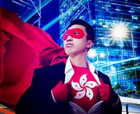 Superhero Hong Kong City Scape Patriotism Businessman Concept