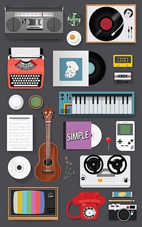 Illustration of vintage music entertainment stuff set