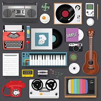 Illustration of vintage music entertainment stuff set