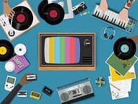 Illustration of vintage music entertainment stuff set