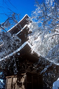 Snow covered pagoda.