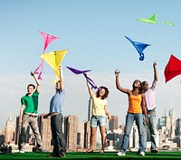 Kite Cheerful Cityscape Fly Sky Colorful Expression Concept
