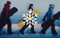 Snowflake illustration shape on group of snowboarders