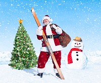 Santa claus holding sack and skis next to a christmas tree.