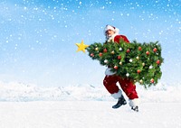 Santa claus carrying christmas tree on snow covered mountain.