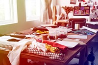 Fashion design messy workspace on wooden table