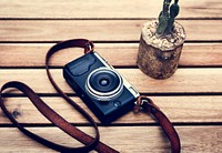 Film camera old vintage classic on wooden table