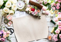 Blank bouquet paper on florist table workshop