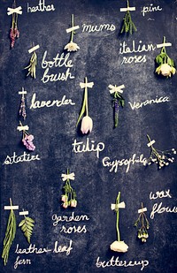Dried Flowers with Name Attached on Black Board Handmade