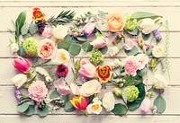 Various Fresh Flowers with Blank Design Space on Wooden Backgrou