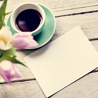 Design Space Empty Paper with Flowers and Coffee Cup Decoration
