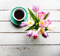 Fresh Tulips Flowers Arrangement Decorative by the Coffee Cup