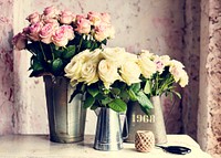 Fresh Pink and White Roses Flowers Arrangement in Metal Bucket
