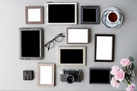 Set of Blank Photo Frames on Gray Table