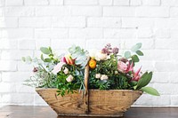 Variety Beautiful Flowers in Wooden Basket