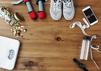 Healthy Living Lifetsyle Exercise Stuff on Wooden Table