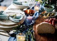 Closeup of Wedding Reception Table Setting with Food