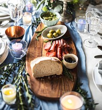 Closeup of Wedding Reception Table Setting with Food