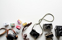 Flat lay of vintage analog cameras